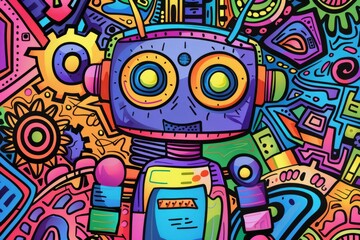 Cartoon cute doodles of a funky robot with colorful gears and buttons, Generative AI
