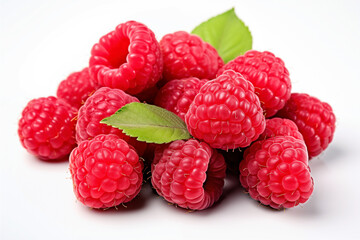 Ripe raspberries with leaves isolated on white background cutout