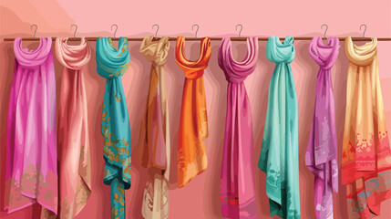 Hangers with beautiful scarves on color wall Vector illustration