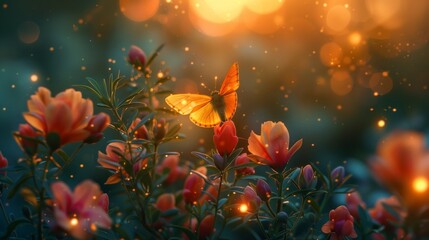 Butterfly on Flowers with Golden Glow. Butterfly on blooming flowers with a golden glow, surrounded by warm, glowing lights, capturing a moment of natural beauty.
