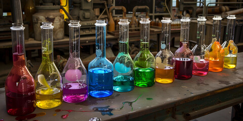 Several test tubes and solution beakers in a science laboratory with liquid of different colors on the laboratory table for chemical background equipment and science experiments science background.