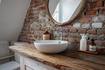 Interior of bathroom with bricks on the wall, round mirror and ceramic washbasin on wooden counter. White apartment in bright interior.