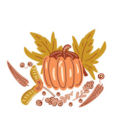 Autumn season set with leaves pumpkin and berries forest theme flat design