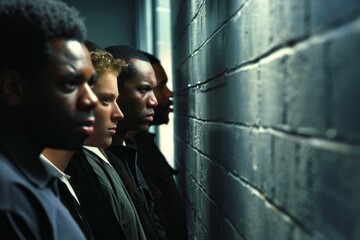 Men of different races standing in front of a wall with angry faces in close-up, copy space