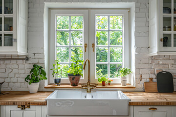 Interior of kitchen with view from window on forest, white wooden furniture and bricks as a decoration. Scandinavian style in a cottage with countertop and plant.