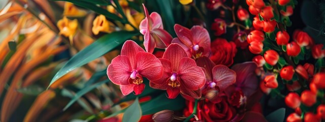 An orchid bouquet with red and pink flowers and green leaves.