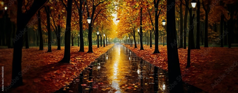 Poster a path through a forest with a lot of leaves on the ground