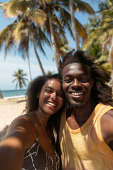 Fototapeta premium Smiling happy ethnic couple taking selfie photography at tropical beach with white sand and palm beach. Summer vacation in exotic resort, travel photo in a tropical paradise. 
