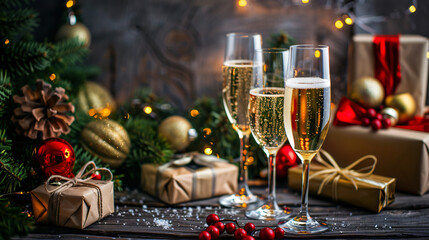 Collection of delicious champagne with Christmas gifts