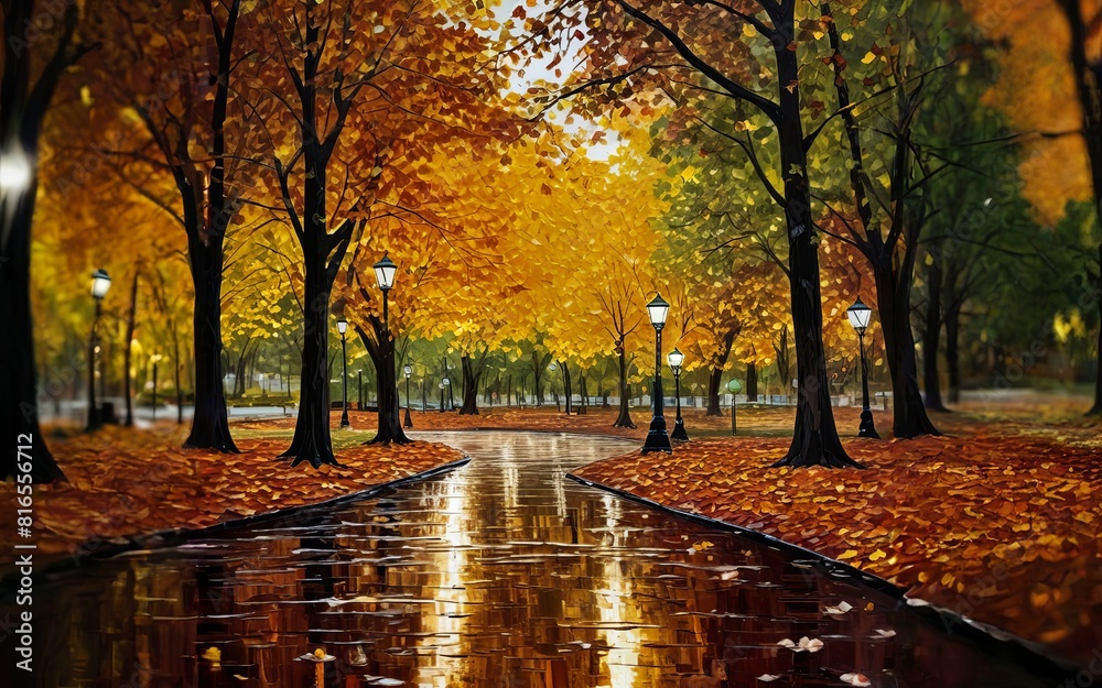 Aufkleber a painting of a park with trees and a path