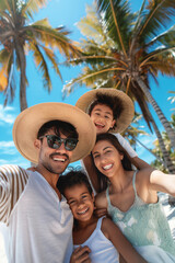 Smiling happy ethnic family taking selfie photography at tropical beach with white sand and palm beach. Summer vacation in exotic resort, travel photo in a tropical paradise. 