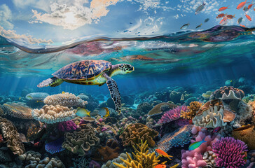 A sea turtle swimming gracefully over the vibrant coral reefs of an island in the Maldives, with colorful fish and marine life surrounding it.