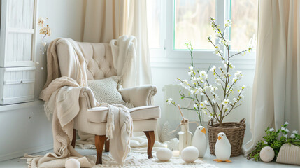 Comfortable armchair and beautiful Easter decor in roo