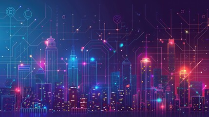 Obraz premium Smart city and abstract dot point connect with gradient line and aesthetic Intricate wave line design, big data connection technology concept