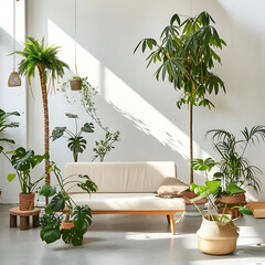 Minimalist living room with indoor plants. Authentic and bright home interior. Home gardening and...