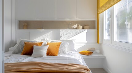 Bright and Airy Bedroom with White Bedding and Yellow Accents, Scandinavian Style, Sunflower Yellow Color - Perfect for Rest and Relaxation