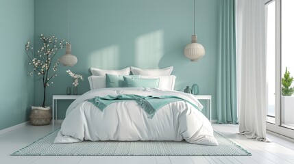 Aqua-themed modern bedroom with white furniture and soft decor, perfect for a calming and refreshing living space.
