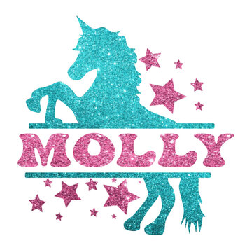 Molly - pink glitter - name written in a frame with light blue glitter Unicorn and stars - vector graphic - for cards, baby shower, prints, cricut, silhouette, sublimation