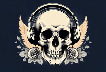 Human skull listens music on headphones, sketch vintage illustration