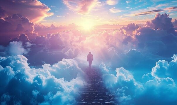 Person walking up stairway to heaven through clouds in the sky after death.