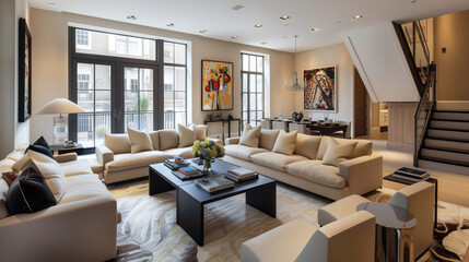 Modern Townhouse Living Room with Art and Natural Light. Elegant living room in a modern townhouse...