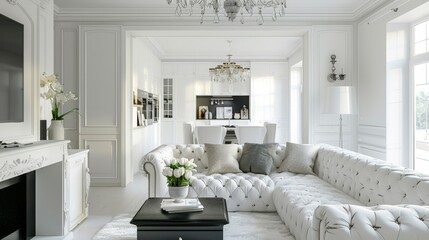 Elegant Living Room with White Furniture and Light Grey Accents, Modern Interior, Pearl Grey Color - Perfect for Comfort and Style