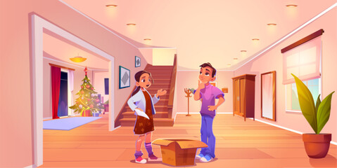 Couple making list of Christmas gifts at home. Vector cartoon illustration of pensive young man and woman standing near cardboard box in house hallway, decorated Xmas tree and presents in living room