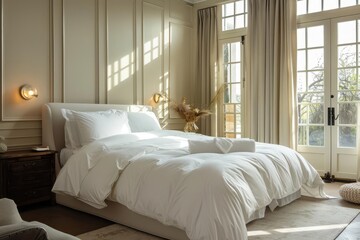 A luxury bedroom setup with crisp linens and elegant decor in a boutique hotel