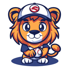 Naklejka premium Baseball Lion Logo Design: Adorable Predator Emblem for Team with Cute Ball and Hat