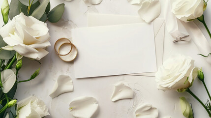 Composition with blank cards wedding rings and beautif
