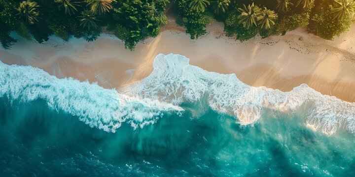 Dramatic Overhead Shot of a Tropical Beach. Crashing Waves and Golden Sands Background.