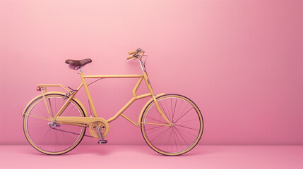 Capturing the essence of modern luxury and eco-friendly mobility, a gold courier bicycle stands out against a soft pastel pink backdrop, symbolizing both elegance and sustainability in urban transport