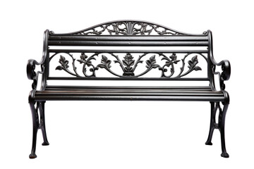 Midnight Blooms: A Black Metal Bench Adorned With Flowers on White or PNG Transparent Background.