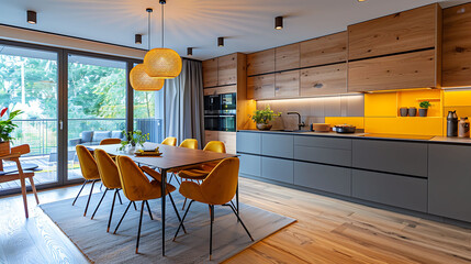Modern interior of kitchen with wooden furniture and counter and cabinet. Open space with dining room with table and mustard chairs and big window. New apartment at home.