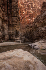 Vertical Scenery of Wadi Mujib Biosphere Reserve in Jordan. Jordanian Travel Destination with Rock...