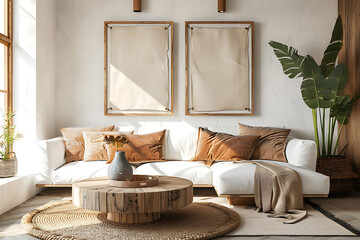 Rustic coffee table near white sofa with brown pillows against wall with two poster frames. Boho ethnic home interior design of modern living room.