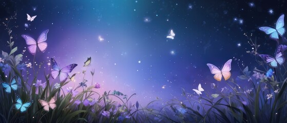 Butterflies flutter among morning blooms, glowing softly in twilight. Background: deep purples, blues, with hints of gold. Add ethereal elements like stars or fireflies.