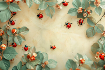 An enchanting top-down shot capturing a vibrant congregation of ladybugs nestled amidst verdant foliage, creating a whimsical tableau against a serene neutral backdrop.