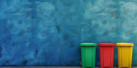 Colorful recycling bins in a row, eco-friendly and ecology concept. Containers for recycle of paper, plastic, cans, metal and glass. 