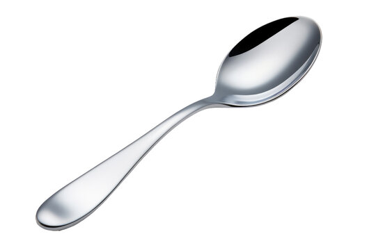 Glossy stainless steel spoon, polished metal tablespoon utensil, reflective silver cutlery for kitchen dining use isolated on Transparent Background
