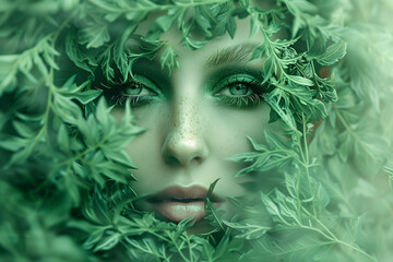 Woman's face adorned with intricate green leaves, blending the beauty of nature with the creativity of human design, embodying the essence of Mother Nature in a harmonious composition.