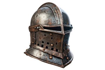 Obraz premium Medieval knight helmet, rusty steel crusader armor headpiece, vintage metal helm illustration for games and fantasy design isolated on Transparent Background