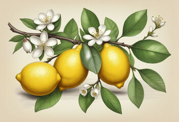 Lemon branch with ripe lemons, blossoms, and a cut fruit segment, sketch vintage illustration