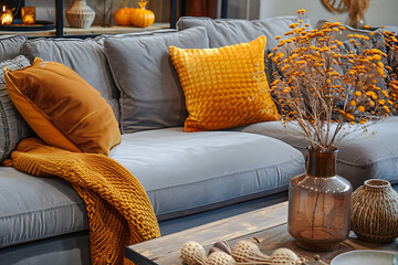 The stylish boho compostion at living room interior with design gray sofa, wooden coffee table, commode and elegant personal accessories. Honey yellow pillow and plaid. Cozy apartment. Home decor.