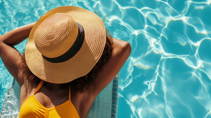 Beautiful ethnic young woman in a straw hat  and yellow swimsuit relaxing in a blue swimming pool in a tropical resort at sunny summer day. 