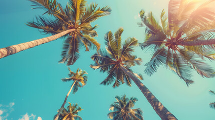 Palm trees against the sky, retro color filter effect, tropical beach theme, vintage style, pastel colors