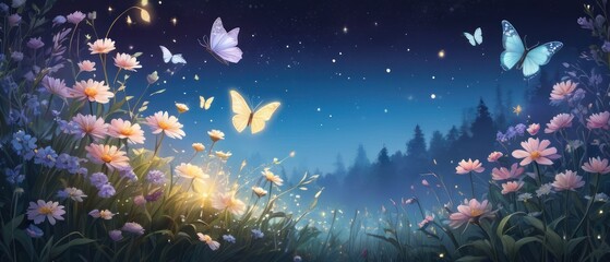Obraz premium Butterflies flutter among morning blooms, glowing softly in twilight. Background: deep purples, blues, with hints of gold. Add ethereal elements like stars or fireflies.