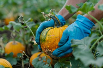Farmer wear blue glove harvest organic pumpkin in farm. 