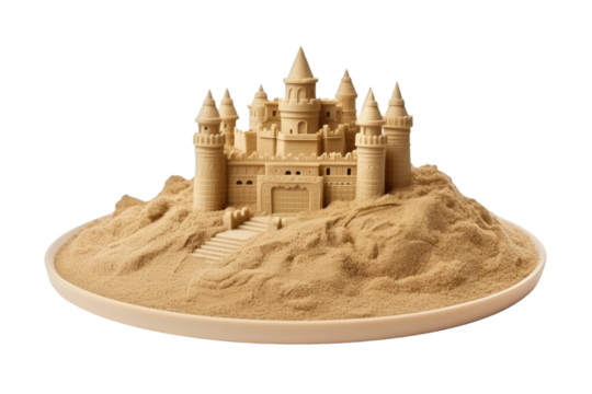 Majestic Sandcastle Rising on Golden Shore on White or PNG Transparent Background.