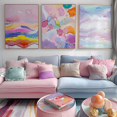 Vibrant pastel girly bedroom living space cozy couch pastel pillows and colorful art at the walls